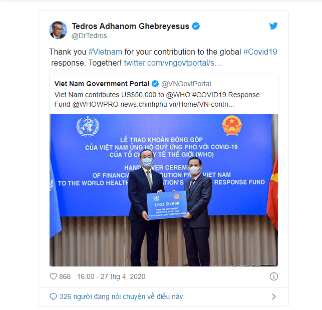 Tổng giám đốc WHO lên Twitter cảm ơn Việt Nam